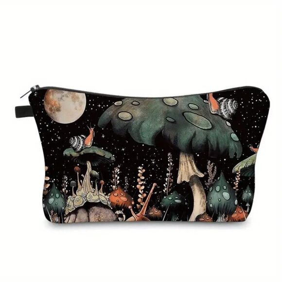 Green Mushroom Large Snail Lightweight Zippered Cosmetic Makeup Bag Double Sided - Picture 1 of 2